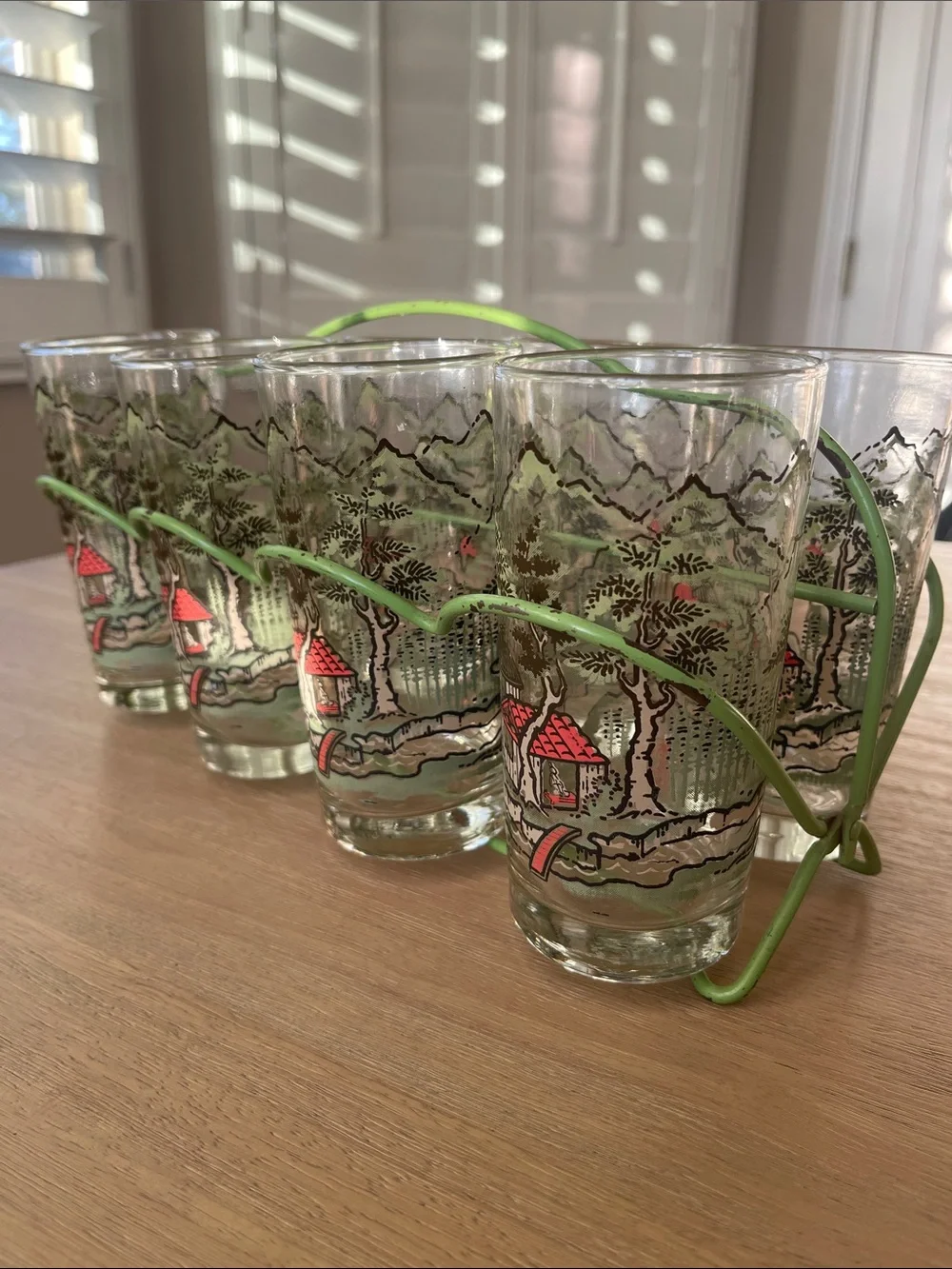 Vintage MCM Libbey “JAPANESE GARDEN” Highball  Glasses Green Tote Rack Set of 7